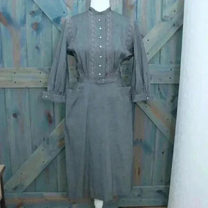 Vintage 1950s Day Dress Grey Pintuck Button Down Belted Rhinestone Button